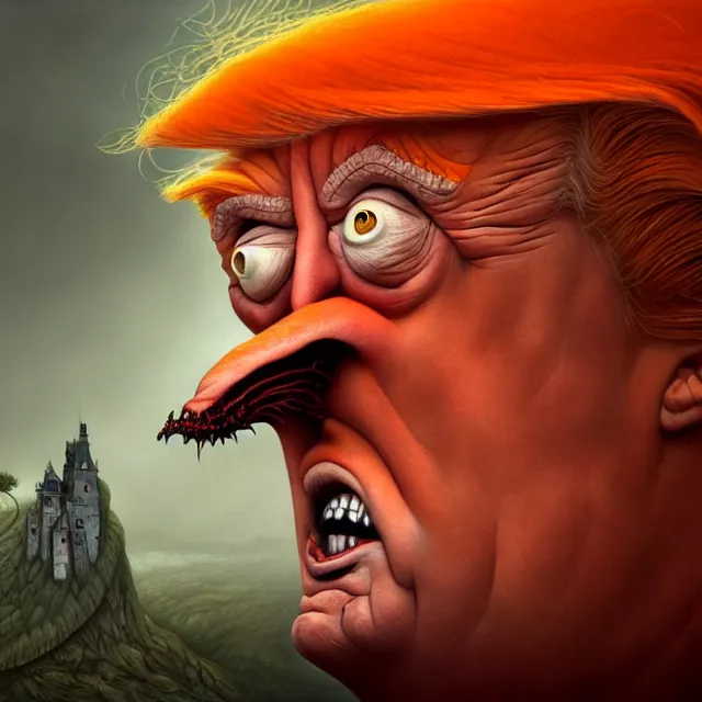 Prompt: gediminas pranckevicius | close up portrait of a evil trump with orange hair in the sinister valley of despair, one mouth, one nose, two eyes, oil painting by tomasz jedruszek, cinematic lighting, pen and ink, intricate line, hd, 4 k, million of likes, trending on artstation