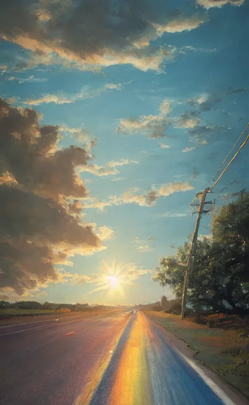 Image similar to paperback book cover. 1 9 5 0 s. pure colors, melting clouds, accurately drawn details, a sunburst above a receding road with the light reflected in furrows and ruts, after rain. photorealistic. octane render. cinematic. trending on artstation.