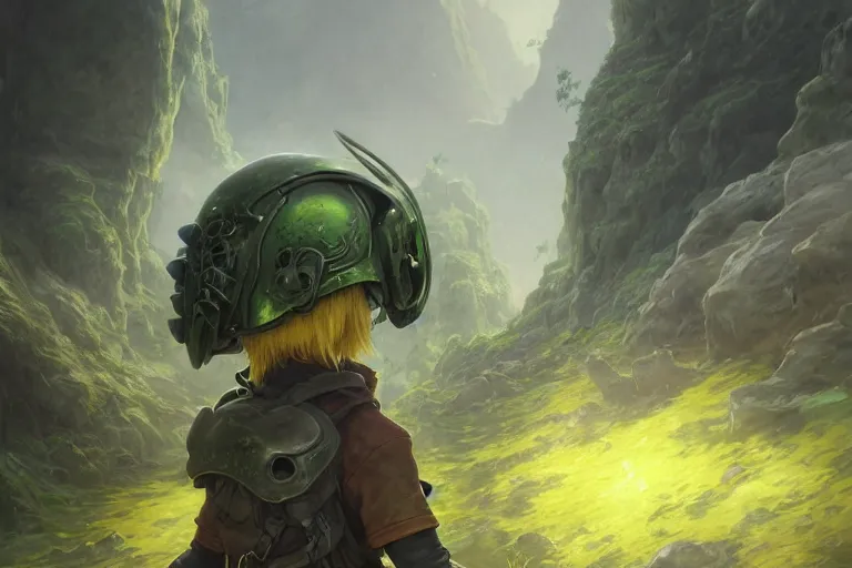 Prompt: made in abyss concept art riko backpack helmet yellow hair extra detailed green eyes full body landscape digital painting illustration wlop James Jean Marc Simonetti Ruan Jia and Mandy Jurgens and Artgerm and William-Adolphe Bouguerea greg rutkowski Gustave Dore trending on artstation pixiv hyperdetailed Unreal Engine 4k 8k ultra HD