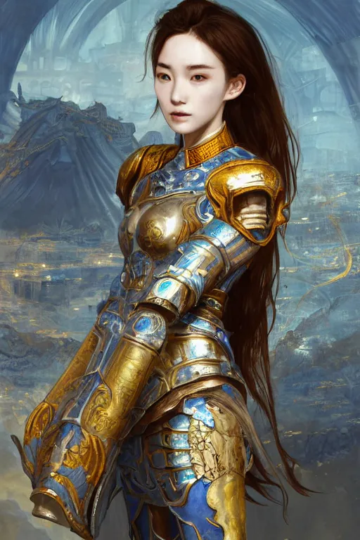 Image similar to portrait knights of Zodiac girl, Chinese Blue and white porcelain color reflected armor, in ruined Agora of Athens, ssci-fi, fantasy, intricate, very very beautiful, elegant, golden light, highly detailed, digital painting, artstation, concept art, smooth, sharp focus, illustration, art by tian zi and WLOP and alphonse mucha