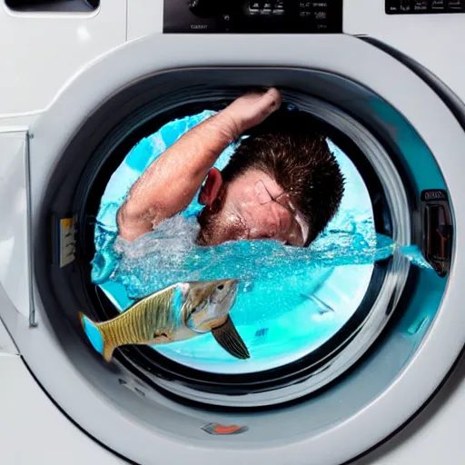 Prompt: tiny bearded mullet man snorkeling inside washing machine, sports photography, detailed, 4k