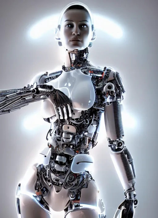 Image similar to photorealistic detailed full body picture of a female cyborg, pretty face with arms and legs, glamour pose, neon lights, white suit, humanoid, extreme, uhdr, book called the most influental cyborg in 2 0 5 0, fine details, highly detailed, intricate, smooth sharp focus