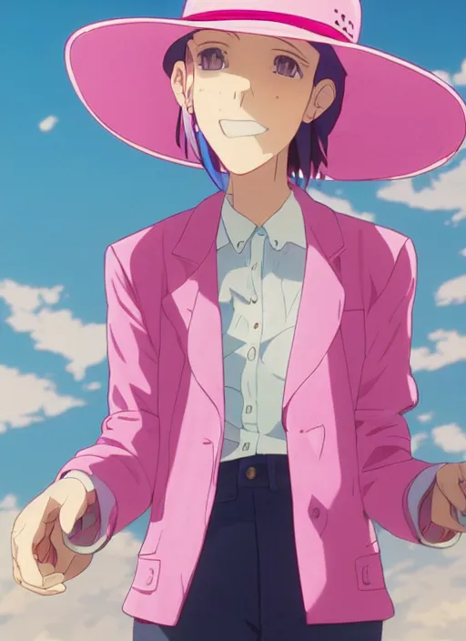 Image similar to a young woman, with a wavy short pink hair and pink fedora hat, wearing a light pink jacket with a dark blue tie, purple gloves and blue jeans shorts and white shoes. She is holding blue neon strings tied on her hand, rich vivid colors, ambient lighting, dynamic lighting, 4k, official media, anime key visual, makoto shinkai, ilya kuvshinov, lois van baarle, rossdraws, detailed, trending on artstation