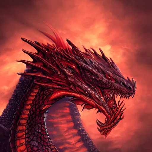 Prompt: head of red fire breathing dragon, reptilian eyes, extremely detailed, 8k, concept art, high fantasy, smoky background by Johannes Voss