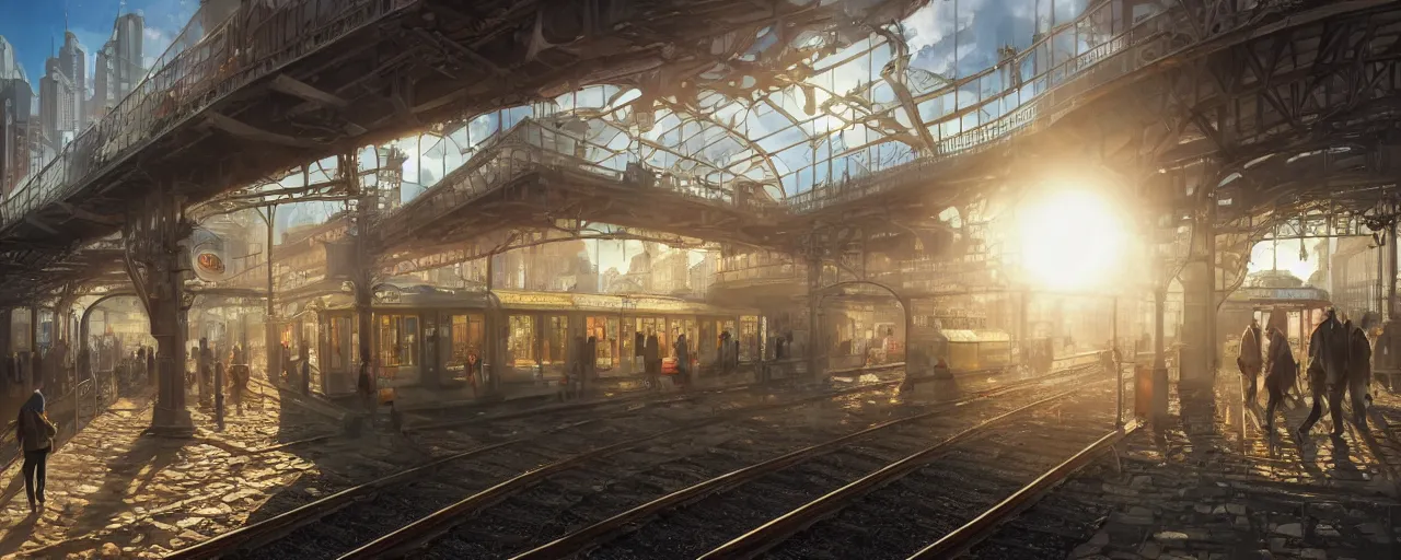 Image similar to photorealistic subway station with arriving steam trains, daylight, sunlight, lens flare, highly detailed, digital painting, artstation, concept art, smooth, sharp focus, 8k, photorealistic, 25mm f/1.7 ASPH Lens, ultra realistic steampunk illustration, art by greg rutkowski and alphonse mucha