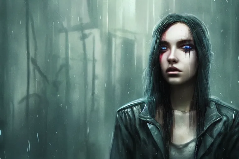 Image similar to Cyberpunk ​​girl transforming face, fangs, syringes, forest, fog, volumetric light, style Blade runner 2049