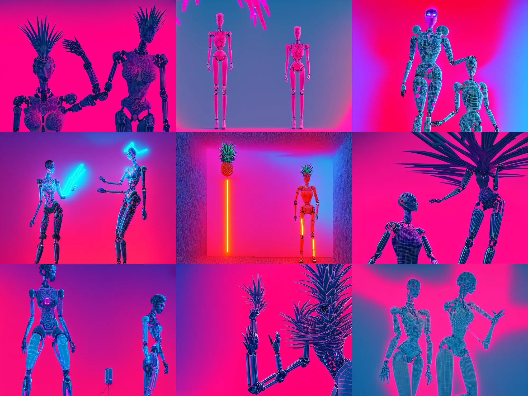 Image similar to beautiful tall female robot printed with red and black 3 d geometrical neon facing a doorway opening with neon pink geometric fractal light + a portal to a vaporwave world, flowering pineapples, transcendent, clean linework, dramatic, finely detailed, 4 k, trending on artstation, photorealistic, volumetric lighting, octane render