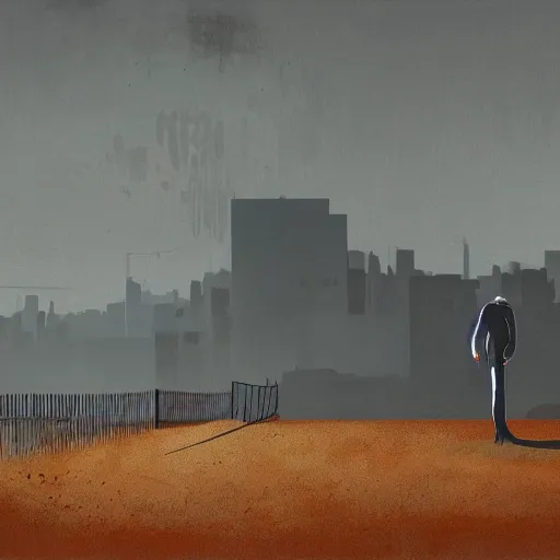 Image similar to a dystopian matte painting of a scared man standing in front of a fence with barbed wire, clouded sky by emiliano ponzi, james gilleard, george ault, david hockney, atey ghailan, albert namatjira, marius borgeaud, minimalist, bauhaus, retrofuturism, concept art, matte background, matte drawing, generative art