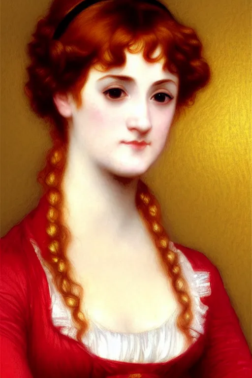 Image similar to jane austen gold red hair painting by rossetti bouguereau, detailed art, artstation