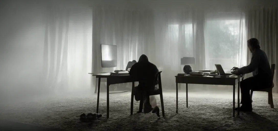 Image similar to an isolated man sitting at his computer in his bedroom, foggy, cinematic shot, photo still from movie by denis villeneuve, wayne barlowe