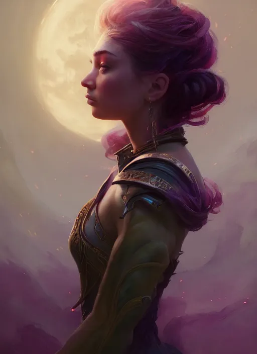 Image similar to side portrait, imogen poots, paladin, fantasy, gloomhaven, luminescent, organic painting, gaudy colors, octane render, unreal engine, by greg manchess, huang guangjian, gil elvgren, sachin teng, greg rutkowski, jesper ejsing, ilya kuvshinov