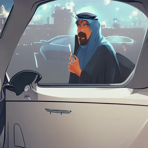 Image similar to saudi arab man smoking inside a car, anime digital art in the style of greg rutkowski and craig mullins, 4 k