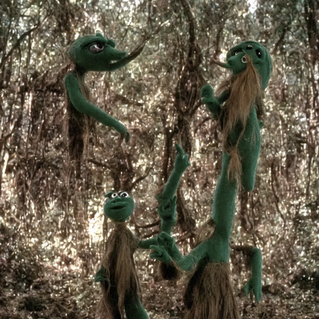 Prompt: Wide shot still of Gumby in The Dark Crystal (1982)