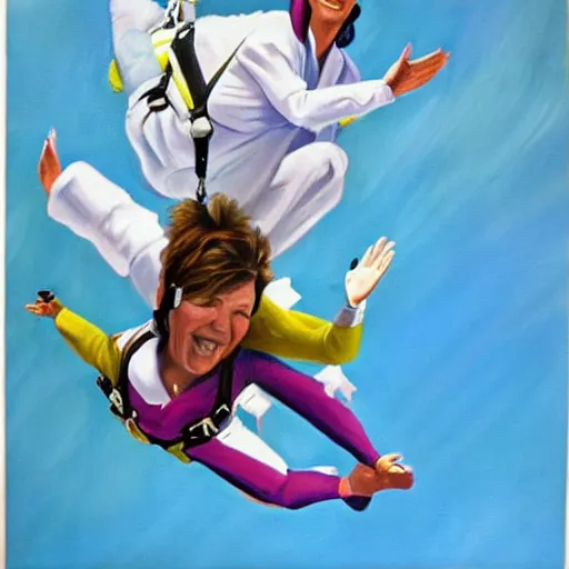 Image similar to painting of martha Stewart skydiving enthusiastically