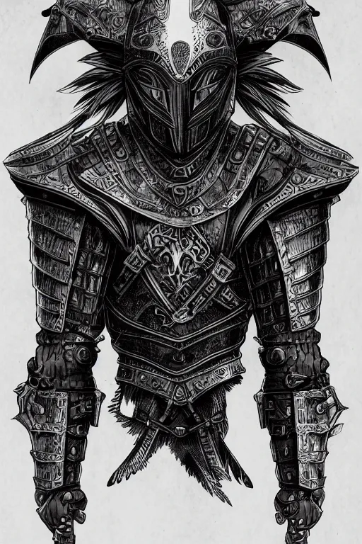 Image similar to armoured human, crow armour, symmetrical, highly detailed, digital art, black feathers, sharp focus, trending on art station, kentaro miura manga art style