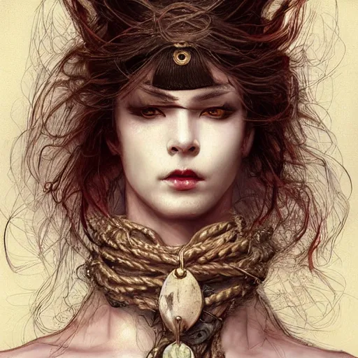 Image similar to portrait of a Shibari rope wrapped face and neck, headshot, insanely nice professional hair style, dramatic hair color, digital painting, of a old 13th century, traveler, amber jewels, baroque, ornate clothing, scifi, realistic, hyperdetailed, chiaroscuro, concept art, art by Franz Hals and Jon Foster and Ayami Kojima and Amano and Karol Bak,