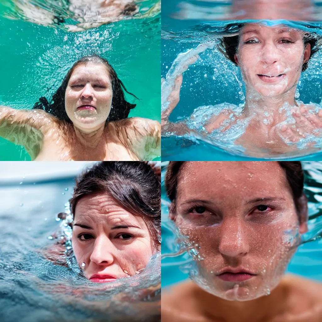 Prompt: face of a woman half submerged in milky water.