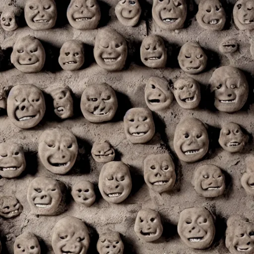 Image similar to a photograph photo of a pile of oozing, slimy clay covered in screaming faces, sitting in a concrete cellar with lamps on the walls