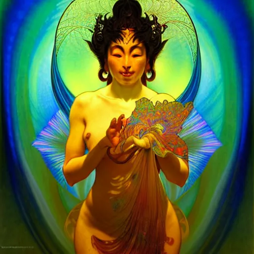 Image similar to transcendent bodhisattva, psychedelic indigo honey flowing like kaleidoscopic translucent amber, lsd waves, honey ripples, enlightenment, dramatic professional lighting, refracted sunset lighting, highly detailed, concept art, art by collier, albert aublet, krenz cushart, artem demura, alphonse mucha