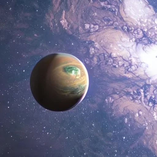 Image similar to a photo of a planet in the shape of a dog in space, realistic