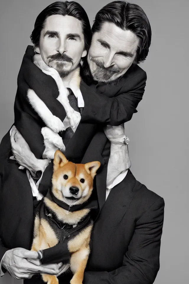 Image similar to a highly detailed portrait of christian bale wearing a suit, holding a shiba inu in his arms, hyperrealistic, highly detailed, 8 k, canon 2 4 mm f / 1. 4 lens,