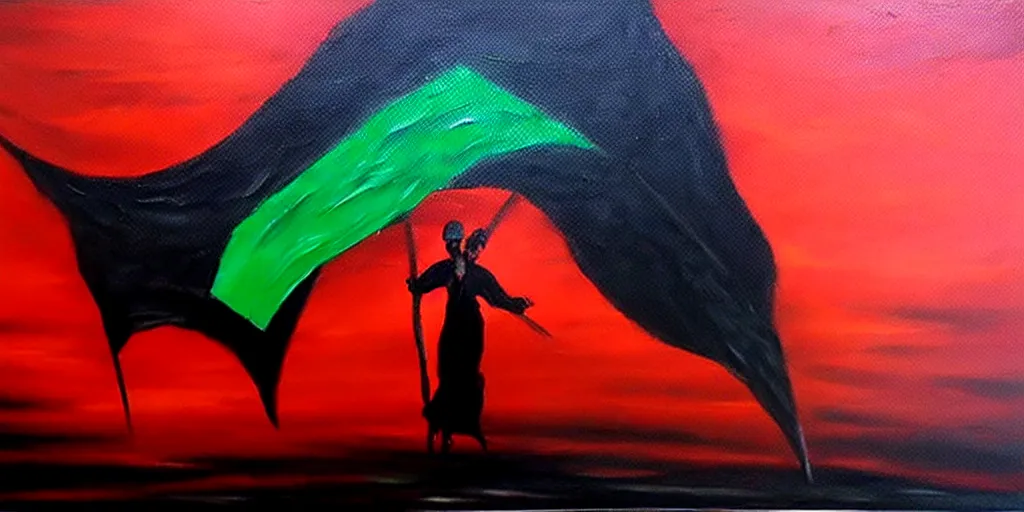 Prompt: dramatic epic dark oil painting of freedom for palestine, red green white black