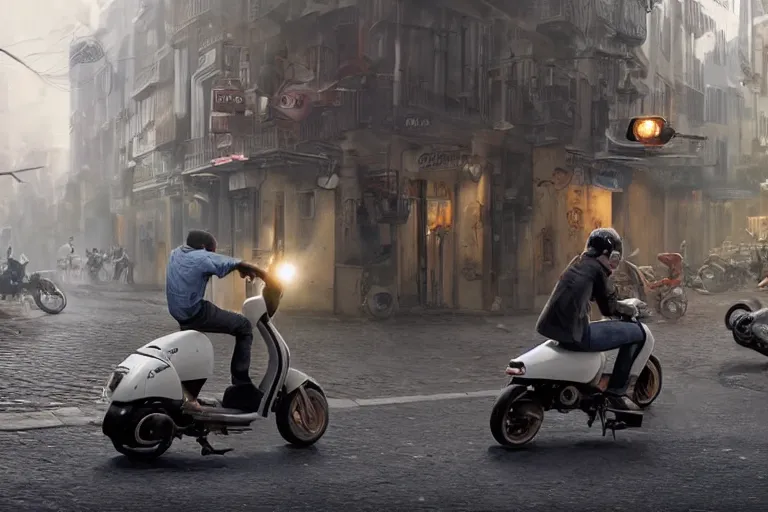 Prompt: moped scooter racing on the street, hyper realistic, very detailed, dramatic scene, realistic lighting, dark fantasy, 4 k, in the style of greg rutkowski