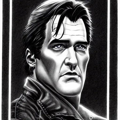 Prompt: beautiful portrait commission of a handsome bruce campbell casual clothes in a vintage gothic style. black hair. pale skin, black makeup. character design by Bruce Pennington, detailed, inked, western comic book art