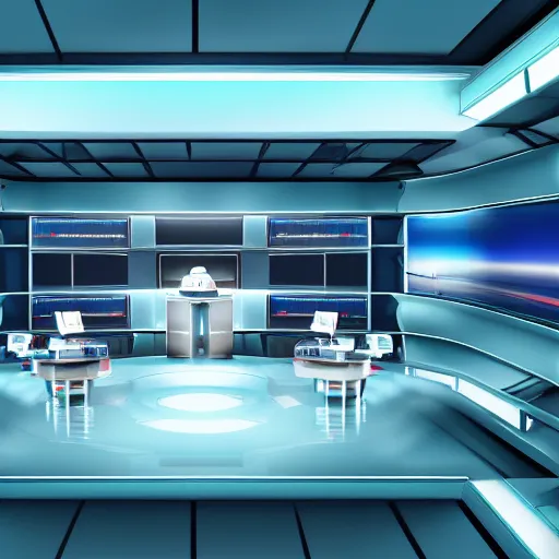 Prompt: futuristic news studio, concept art, wide lens, cinematic composition, iterior, detail