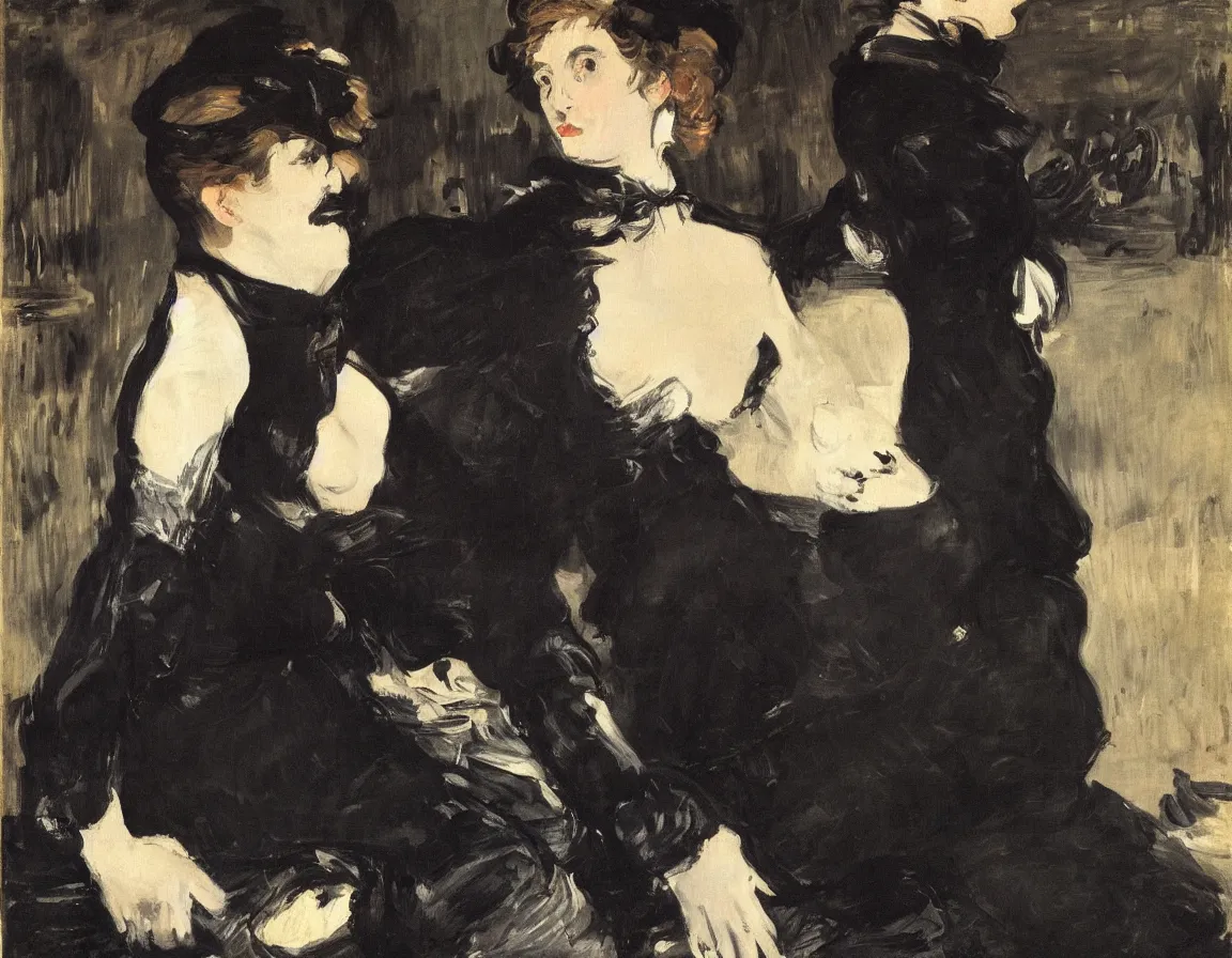 Image similar to edouard manet. a wide portrait of a woman all dressed in black, she is in profile turned her head towards the camera. seated on a dark motorcycle on a highway. there is another motorcycle blurred in the background. unprecise brush strokes. expressive. emotional.