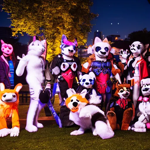 Prompt: photograph of a group or fursuiters at a furry convention in the city park at night, studio photography, f/1.8 cinematic lens