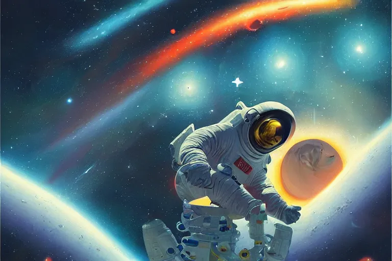 Image similar to digital painting of an astronaut in space, by paul lehr and vincent di fate, highly detailed, intricate, sharp focus, science fiction, galaxies, stars, supernova, black hole, galaxy, planet, void, artstation, cinematic lighting, trippy, retrofuturism