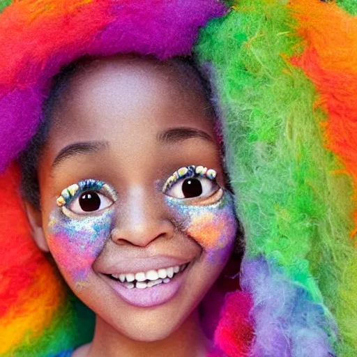 Image similar to a black girl with a colorful afro and rainbow eyes, in a candy forest! at night, bokeh, bright colours, watercolor, volumetric wool felting, macro photography, children illustration, by goro fujita