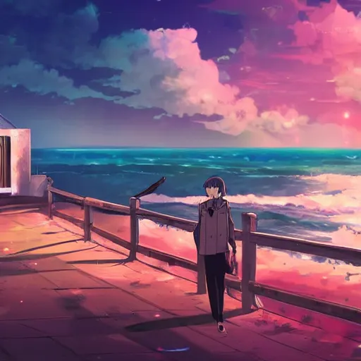 Prompt: a costal florida town at midnight, dark outside, ocean nearby, modern anime style, official anime still