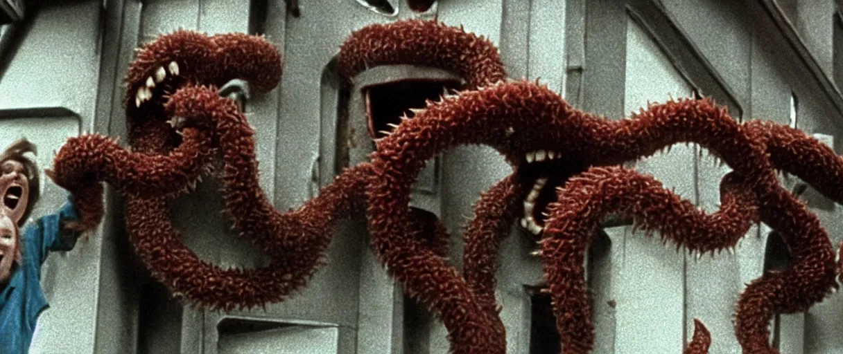 Prompt: filmic extreme close up exterior shot movie still 4 k uhd 3 5 mm film color photograph of a family jumping off a building laughing with tentacle arms happy, only color results, in the style of the horror film the thing 1 9 8 2