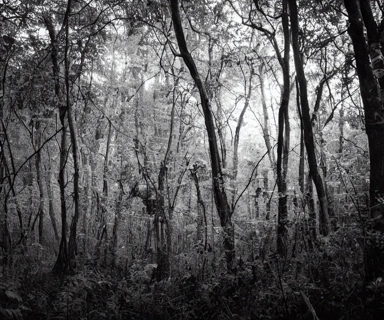 Image similar to a lush dense forest, glowing vines, black and white wildlife, moon shining, soft tones, highly detailed, 50mm