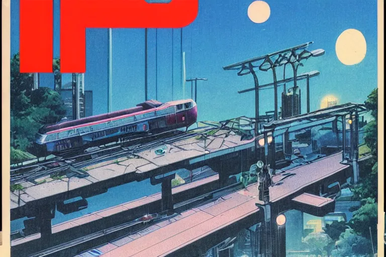 Prompt: 1 9 7 9 omni magazine cover of train bridge going above a park in iwakuni. cyberpunk style by vincent di fate