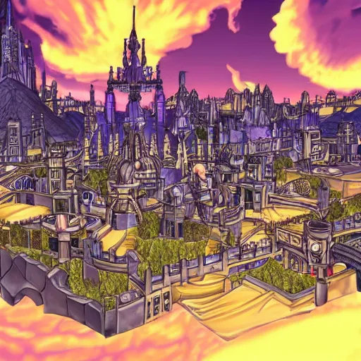 Image similar to Twilight Town from Kingdom Hearts except it’s a sprawling metropolis