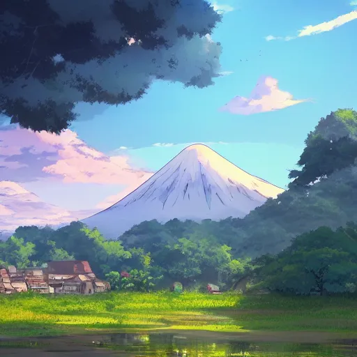 Image similar to a beautiful picture of a peaceful village at the foot of an asleep volcano by makoto shinkai, studio ghibli, trending on artstation