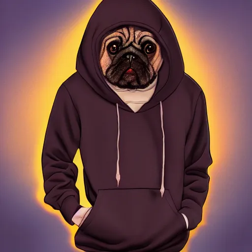 Prompt: a sad pug wearing a hoodie, ( sad ) is typed on the hoodie in upper case letters, digital art, synthwave style, trending on artstation, matte painting