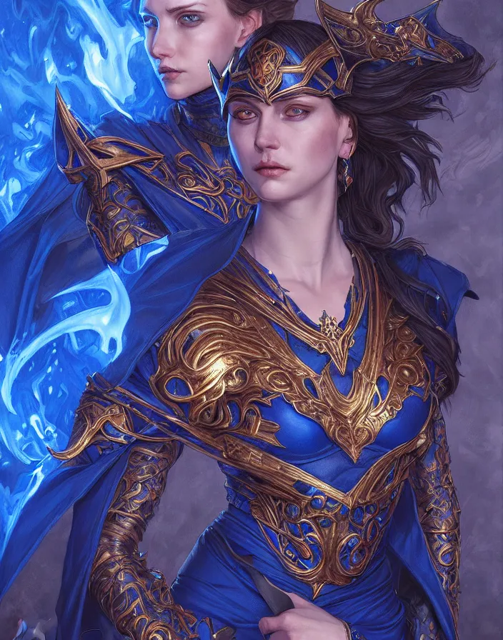 Prompt: young morgana, battle mage, brilliant royal blue flames surrounding her, intricate detail, ornate, tarot card, digital artwork by artgerm and lily abdullina, wpol and sarasti, donato giancola and android jones, artstation