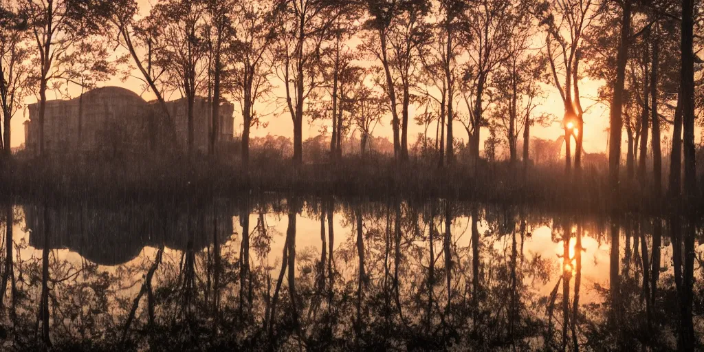 Image similar to abandoned huge building in shape of skull, puddles of water, trees, sunrise, orange glow, by greg rutkowsky and ivan shishkin,