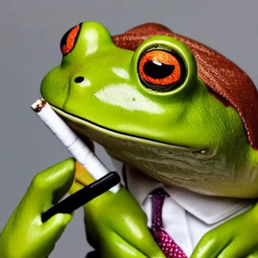 Image similar to a high detail closeup shot of a frog wearing a suit 👔,and smoking a cigarrette🚬