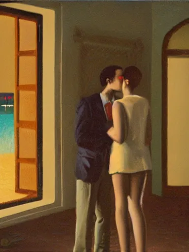 Image similar to a guy and a girl kissing, artwork by wes anderson, cinematic light, atmospheric effects, oil on canvas