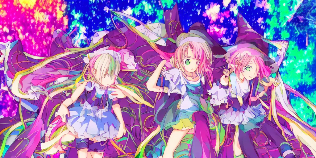 Prompt: Dreamy psychedelic anime, extremely colorful, geometric, Madoka witch labyrinth, patchwork, photoshop, HDR, 4k, 8k, abstract, two anime girls standing within two raging colorful vortexes, detailed and cute faces on the anime girls