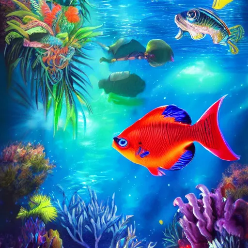Prompt: lots of colorful tropical fish in galactic waters, fantasy art, super detailed, light reflections, realistic water, trending on artstation, hdr