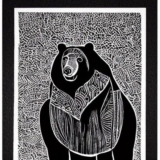 Image similar to bear, cute, block print, simple stylized, black ink on white paper