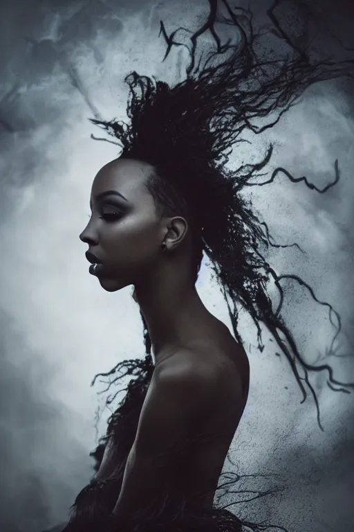 Image similar to photoshoot of tinashe as mysterious dark goddess of death, realism, clouds, swirling energy, torn fabric, elaborate ornate growth, gilded relief, volumetric lighting, light shafts, ambient light, trending on artstation, by alessio albi