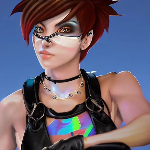 Prompt: portrait bust digital artwork of tracer overwatch, wearing black iridescent rainbow latex tank top, 4 k, expressive happy smug expression, makeup, in style of mark arian, angel wings, wearing detailed black leather collar, chains, black leather harness, detailed face and eyes,