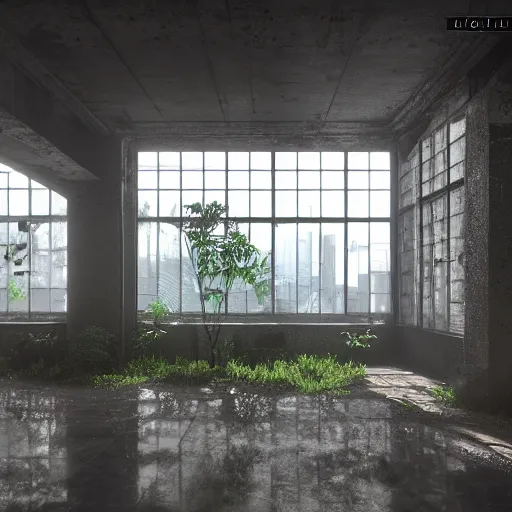 Prompt: interior of a building in an overgrown abandoned hong kong, light pouring through the windows, deserted and decaying concrete, unreal engine 5, raytracing, artstation, 8k